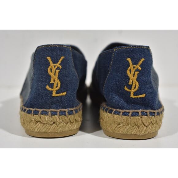 Saint Laurent Perseo Blue Jeans Denim YSL Gold Logo Slip On Espadrille Flat 40 - Picture 10 of 12